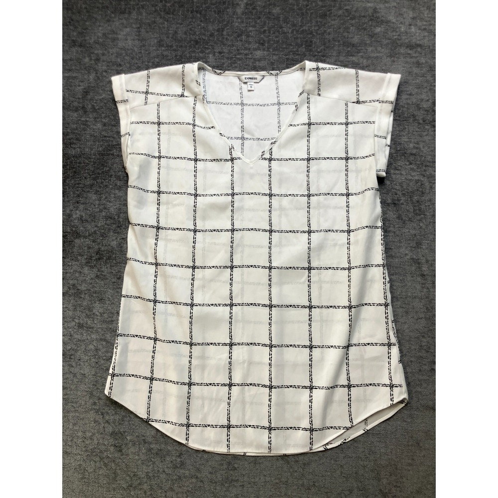 Express Blouse Top Womens Medium‎ White Black Plaid Stretch Cuffed Sleeve V-Neck